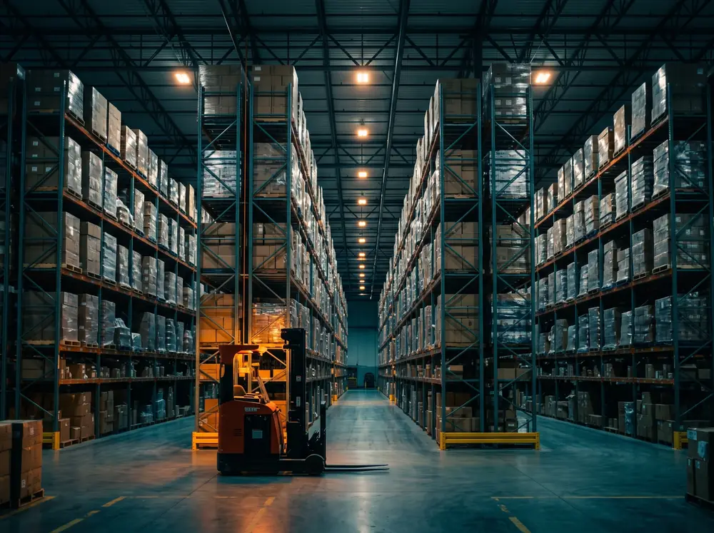 Centro de distribuição com longos corredores de estantes e paletes.